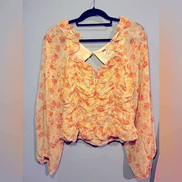 Free People Orange and Yellow Ruched Long Sleeve Blouse - Picture 1 of 4